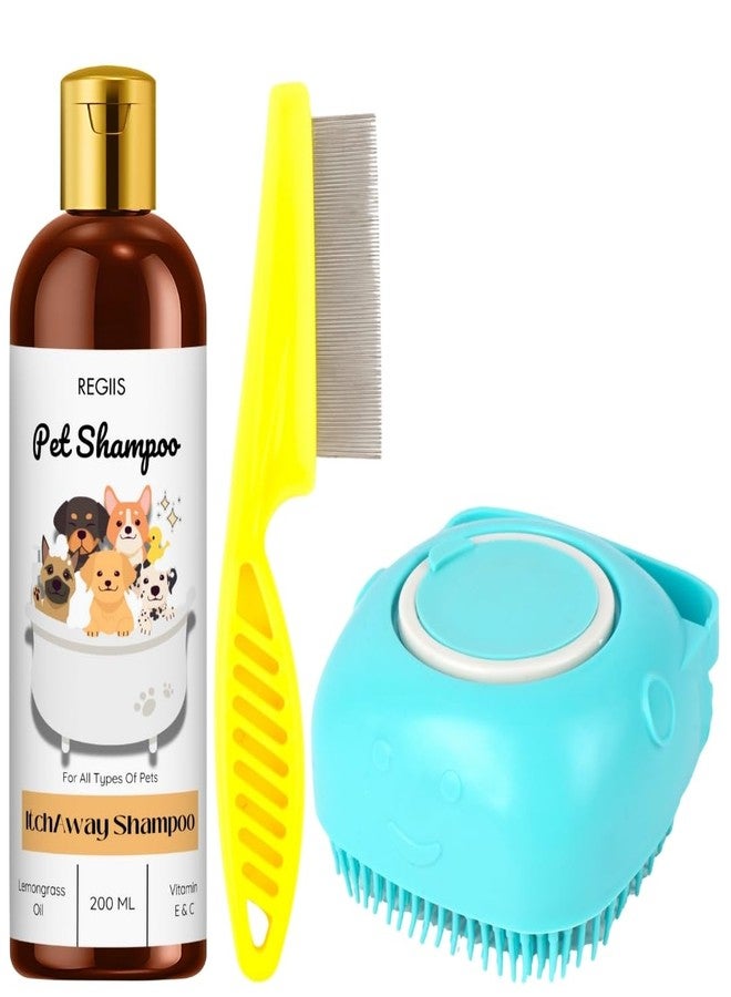 مجموعة شامبو ريجيس للحيوانات الأليفة بزيت عشبة الليمون، 200 مل تركيبة مضادة للحكة، فرشاة تدليك زرقاء، مشط أصفر للبراغيث للكلاب والقطط (عبوة من 3 قطع) - Image 1